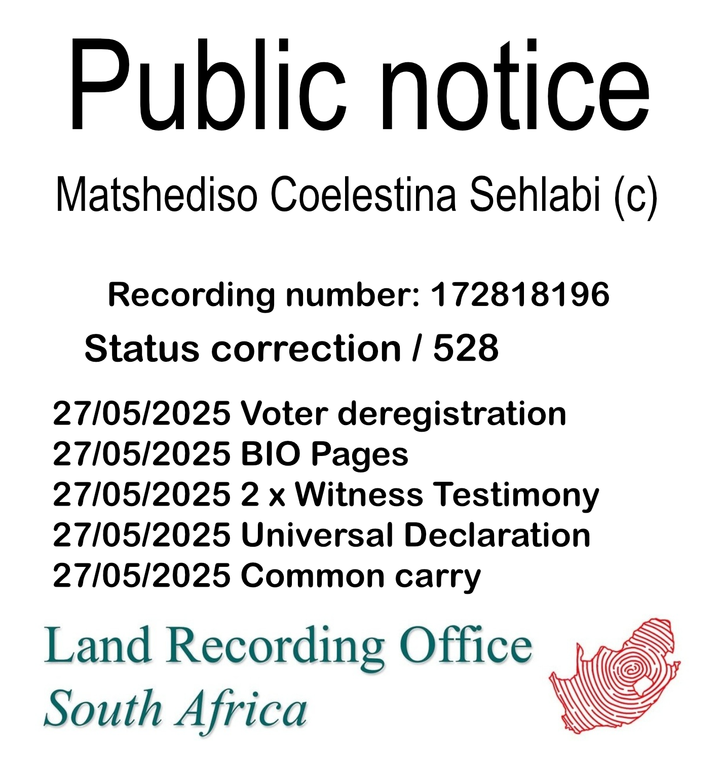 Public notice Matshediso Coelestina Sehlabi (c) Recording number 172818196